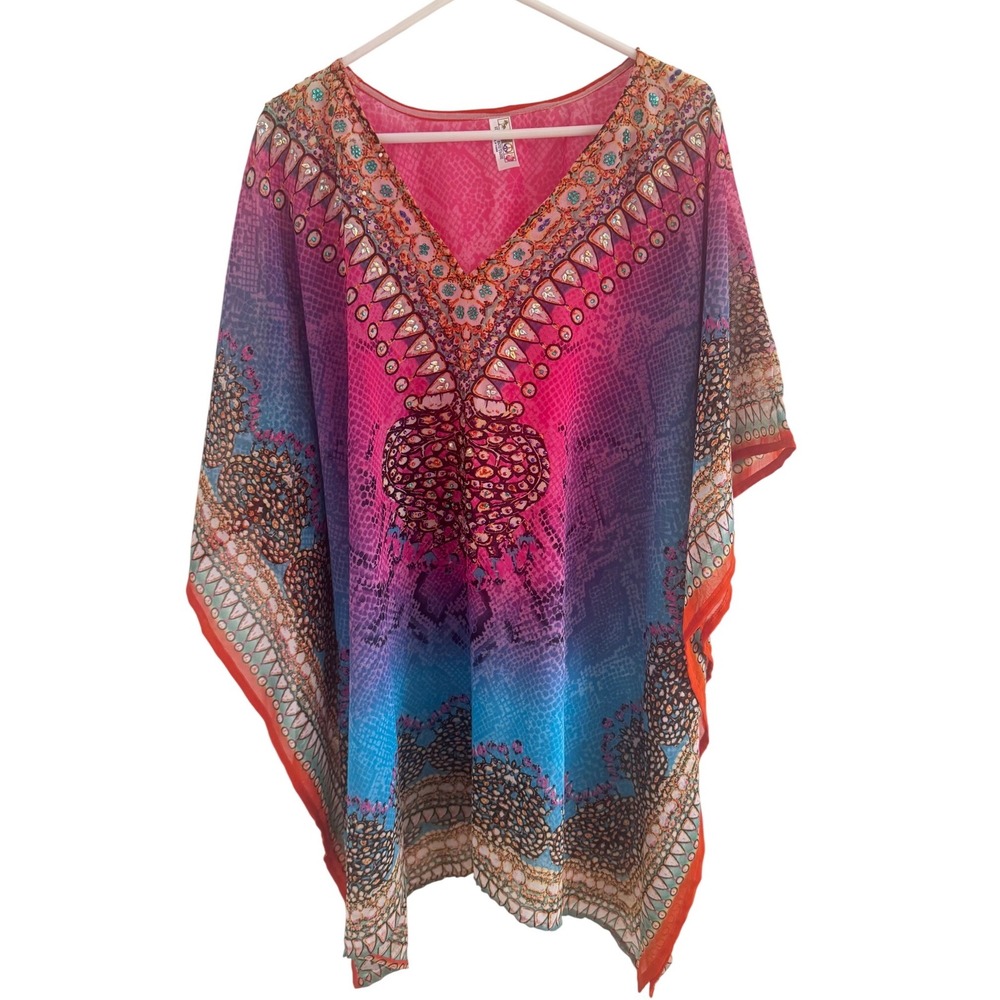 India Boutique Embellished Kaftan‎ Top Pink Purple Blue Ombre Rhinestone OS